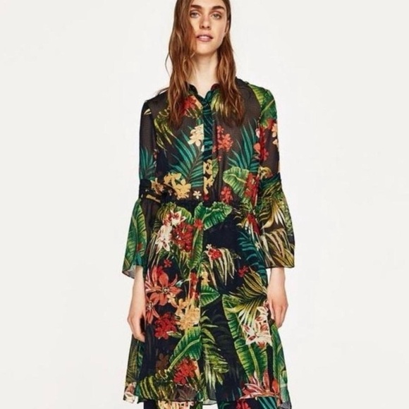 Zara Tropical Print Chiffon Cover Up Tunic Size Small - Picture 1 of 8